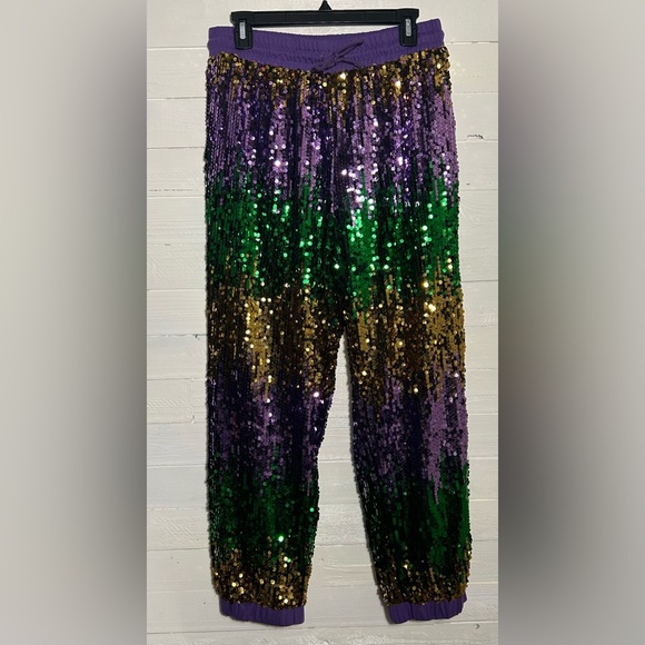 BiBi Pants - Bibi sequined joggers, Mardi Gras colors, purple, green and gold. Women’s large.